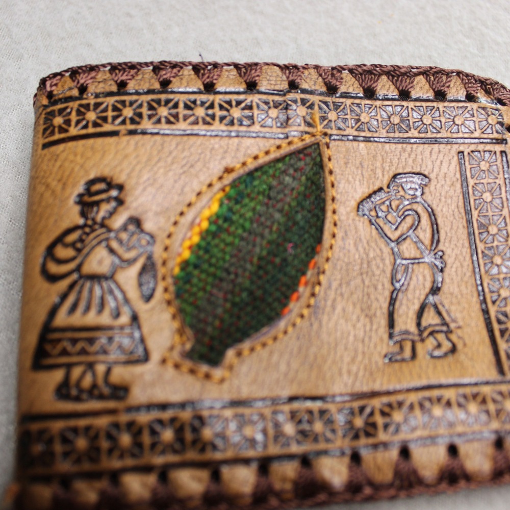 Tooled Leather Bifold Wallet Andean Llama Pan Flute Tan Brown Handcrafted